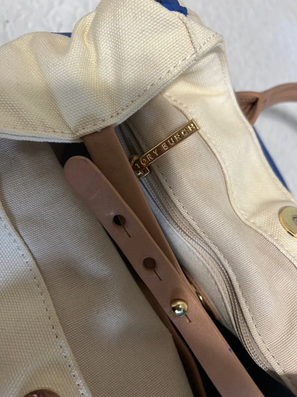 Tory Burch Blue, Cream & Tan Canvas Leather Tote - Picture 4 of 16